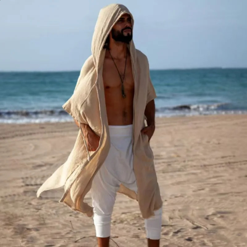 Mens Summer Midlength Cardigans Loose Casual Sun Protection Clothes Beach Holiday Style Shawl Coat Male Long Hooded Cape 260609