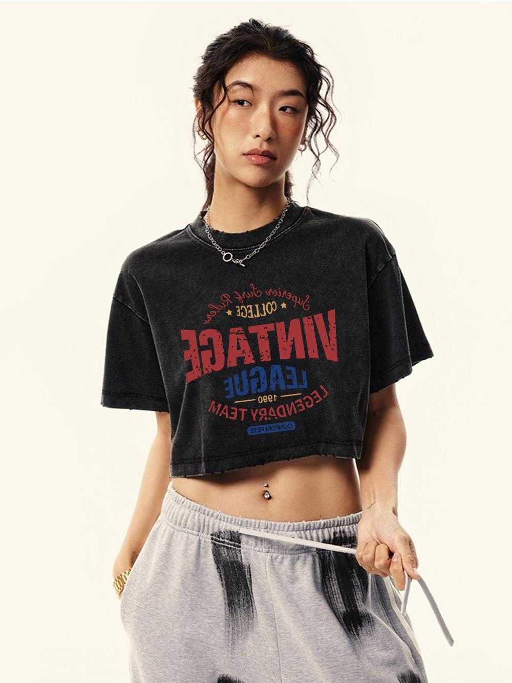 T-Shirts Crop Washed Woman Cotton Vintage Letter Prints Short Sleeve Loose O-Neck Distressed Tops Female Street Clothes M260609