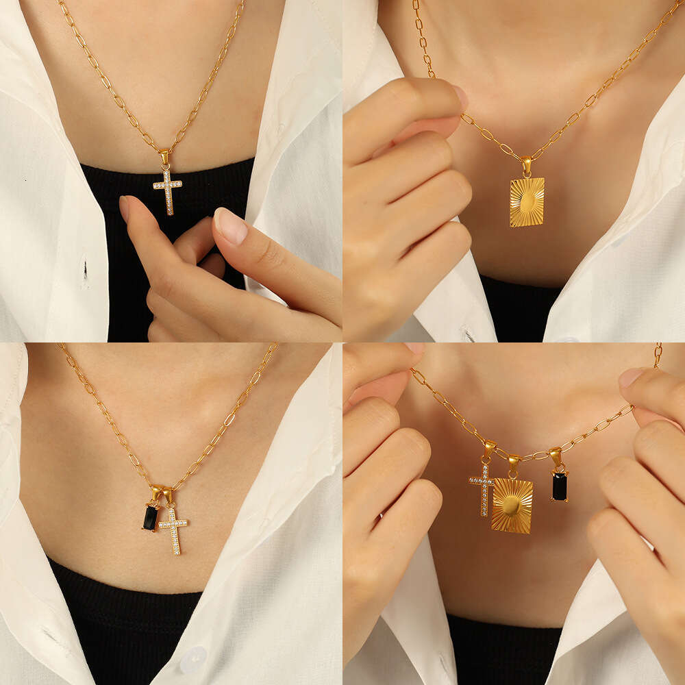 Stainless Steel Necklace Black Stone Square Pendant Cross Combination Necklace For Women Men Unique Tarnish Resistant Hypoallergenic Daily Party Wea