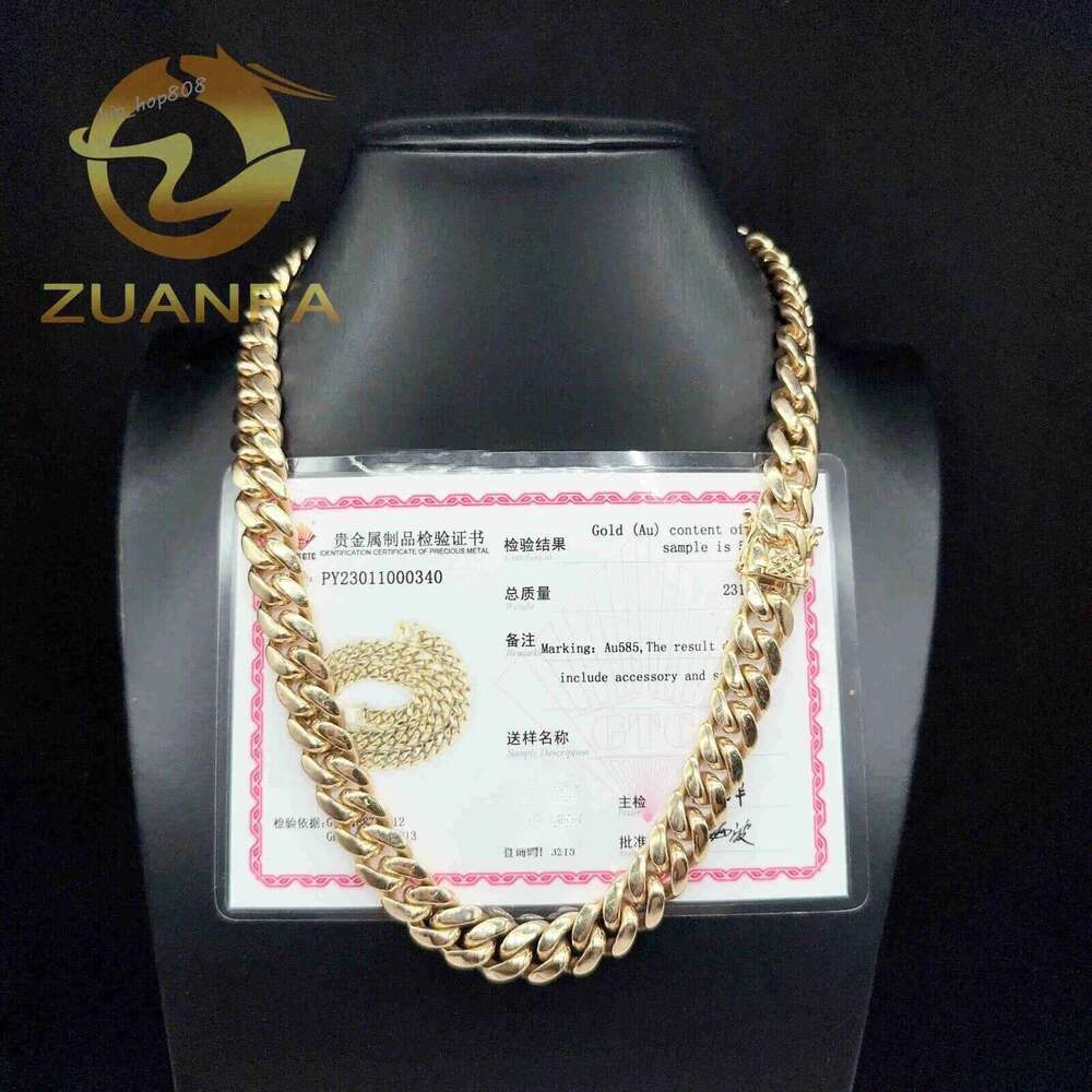 Luxury 14k Solid 12mm AU585 Gold Hip Hop Jewelry Rapper Miami Cuban Link Chain Necklace for Men