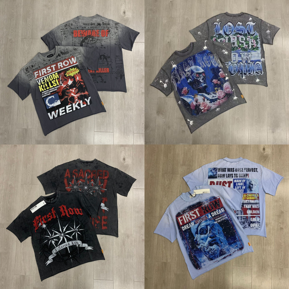 Designer Mens Tshirts First Row streetwear High Street washed vintage Hip Hop Graphic Print rhinestone loose unisex cotton short-sleeve T-shirt Firs