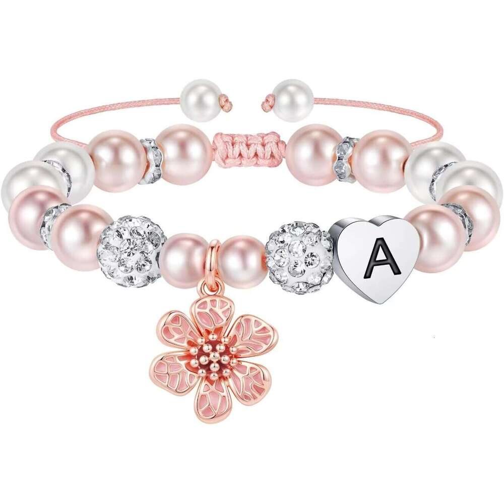 Children's Stocking Stuffer - Adjustable Pink Pearl Rhinestone Ball with Pendant and Heart-Shaped Initial Bracelet Jewelry, Flower Girl Birt-image-1109645329