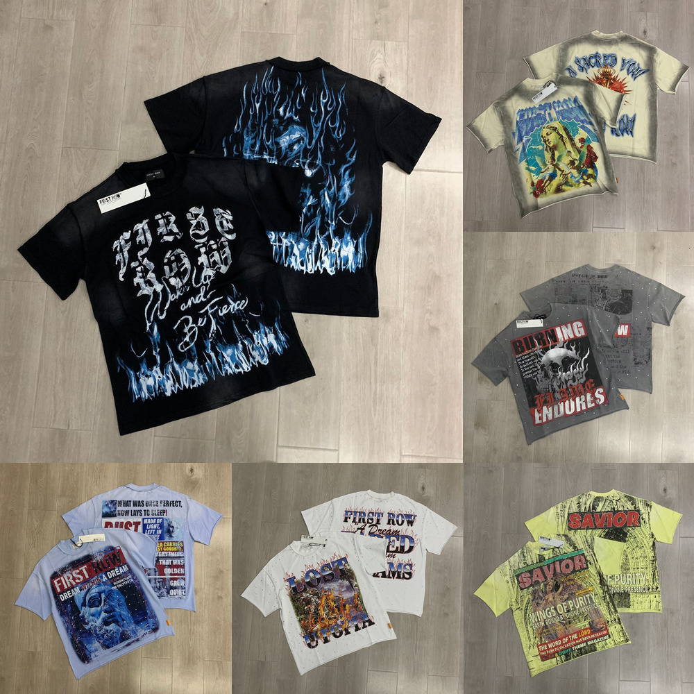 Designer Mens Tshirts First Row streetwear High Street washed vintage Hip Hop Graphic Print rhinestone loose unisex cotton short-sleeve T-shirt Firs