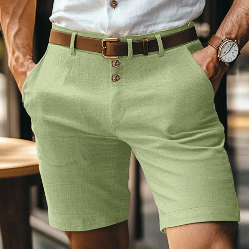 Mens Linen Summer Solid Color Button Casual Daily Breathable Straight Five-point Shorts 260609BJ
