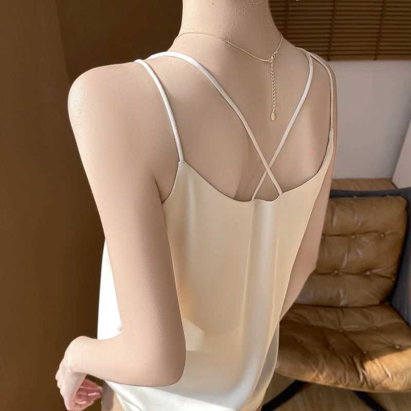 2026 Spaghetti Strap Top Women Halter V Neck Basic White Cami Sleeveless Satin Silk Tank Tops Womens Summer Camisole Crop Top J260609