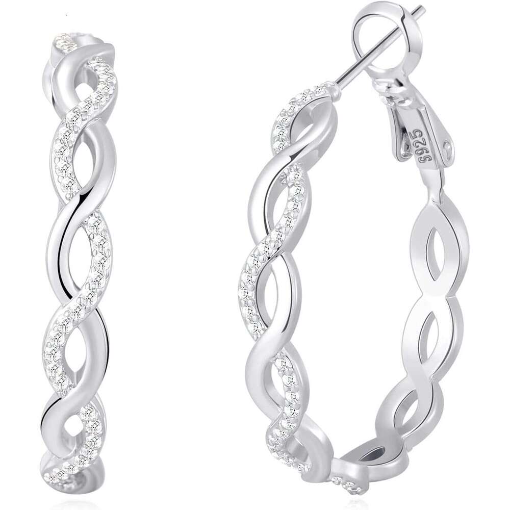 Argent sterling 925 pour femme, léger torsadé avec zircone cubique, boucles d'oreilles créoles hypoallergéniques (20/30/40/50/60 mm)