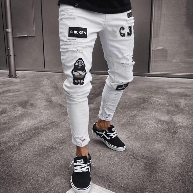 Designer Jeans Mens Pants Men's European & American Style Badge Embroidery Skinny Jeans Knee Ripped Zipper Denim Pants Large Size Streetwear