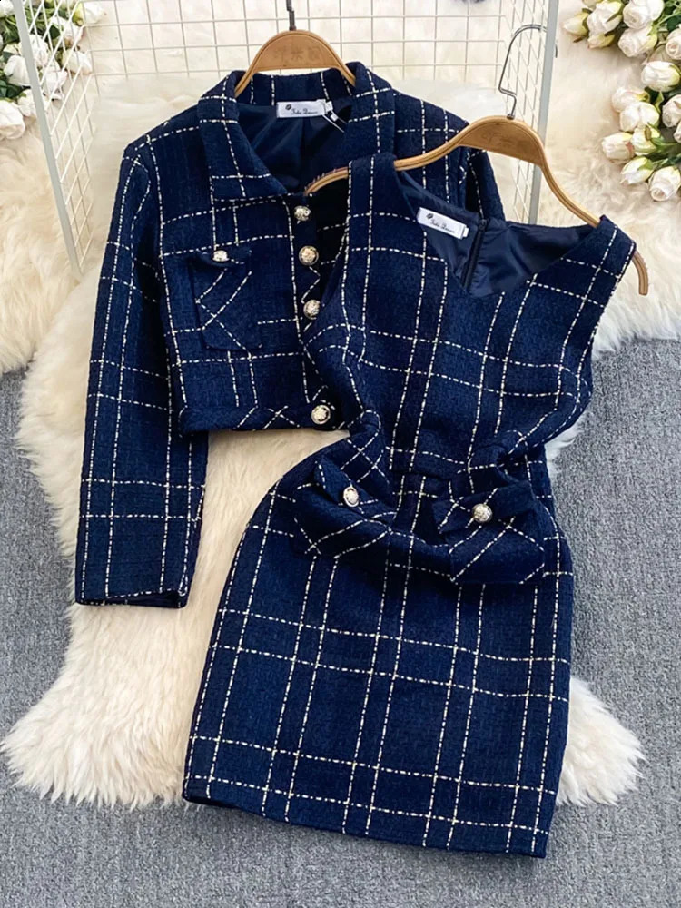 Autumn Dress Suit Women y Korean Chic Blue Tweed Jacket Vest Elegant 2 Piece Set Long Sleeve Cropped Coat 260609BANJIABANJIA
