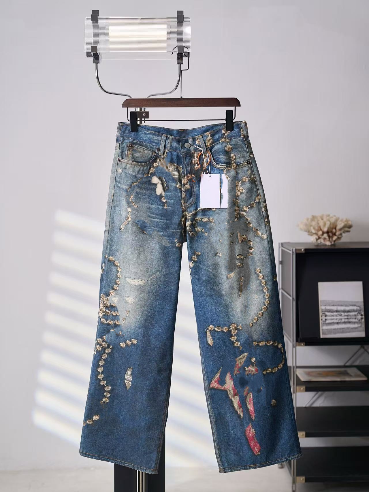 Ac High-end trendy brand 3D floral print ripped jeans for men and women-image-1109826431