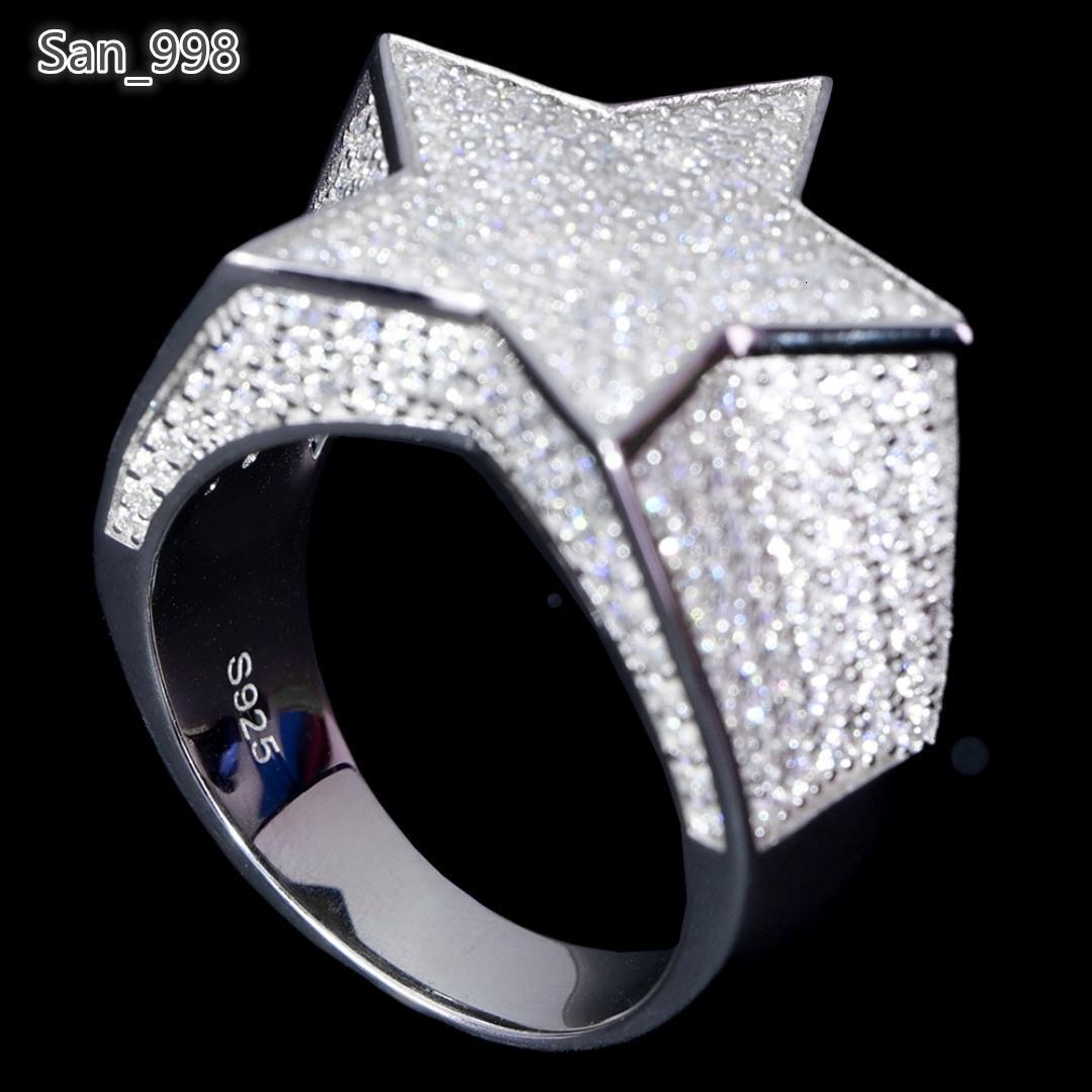 Factory Wholesale Custom Bulk 925 Sterling Silver White Gold Rhodium Plated GRA Certified Star Hip Hop Jewelry Moissanite Ring