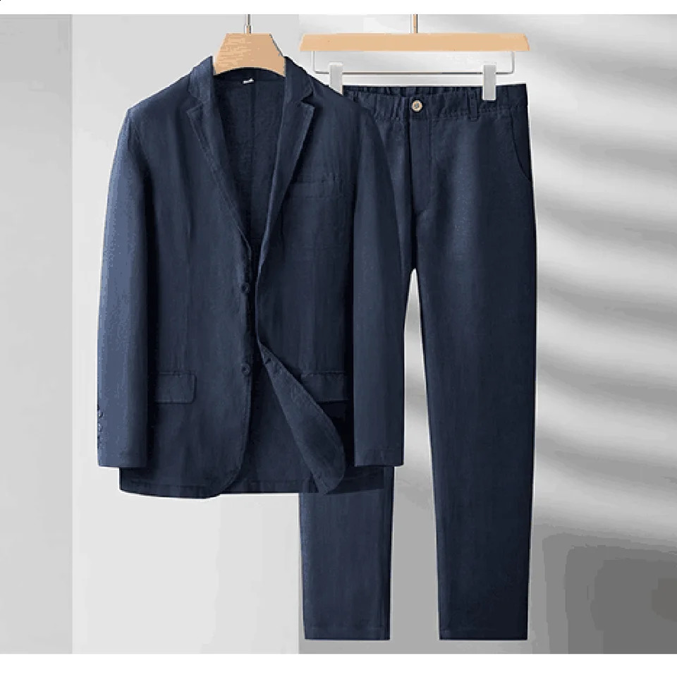 High Quality Thin Linen Men Suits Summer Beach Fashion Notch Lapel Cool Male Suit Travel Office Casual Breathable Fabric 2 Piece 260610BJ