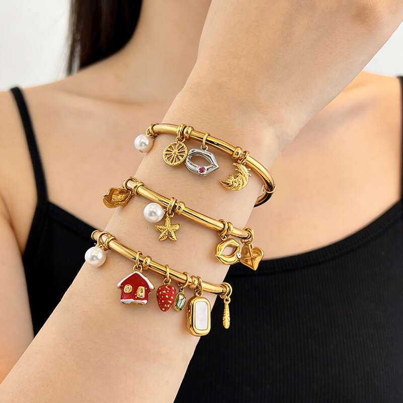 Stainless Steel Bracelet 18K Gold Plated Bracelet With Unique Design Multiple Pendants Open Bangle Stackable High End Feel For Women Daily Wear