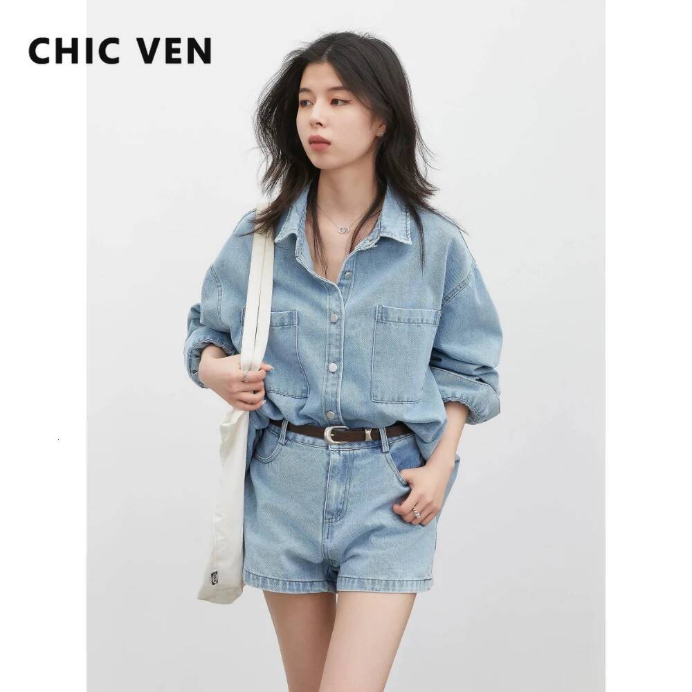 CHIC VEN Fashion Women Denim Shirt Blue Long Sleeve Solid Casual Vintage High Waisted Girl A-line Short Set Spring Summer 2026