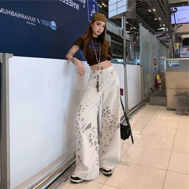 Summer New Leopard Print Wide Leg Jeans For Women 2026 White Cotton Loose Floor-Length Casual Streetwear Denim Pants L260610