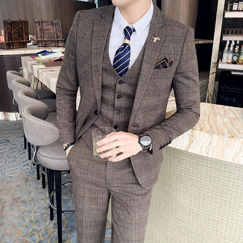 Mens High-quality Plus Size 5XL-M 3-piece Suit suitvestpants Business Fashion Plaid Suit Grooms Wedding Banquet Set 260609BJ