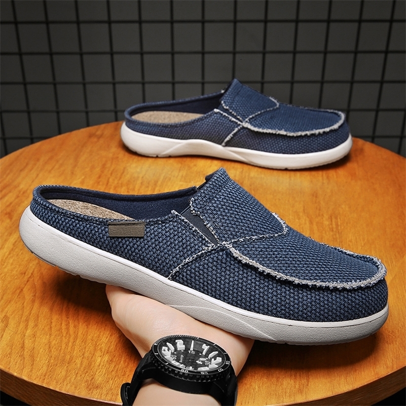 Canvas Slip on Half Shoes for Men Mules Casual Slippers Slides Indoor Home Dudes Summer Breathable Lightweight Big Size 47 48 260609