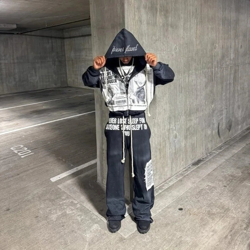 retro patchwork men zipper hoodie high street fashion sports pants Y2K Harajuku Goth two-piece sportswear for men and women 260609
