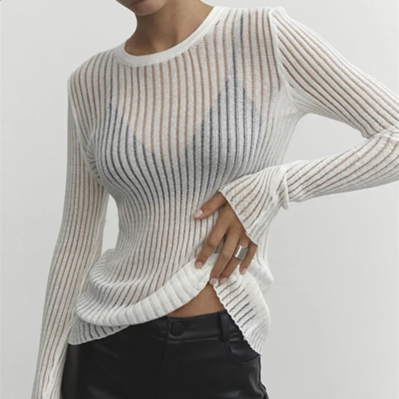 Fashion White Elegant Striped See Through Women Tops Outfits Long Sleeve T-Shirts Tees Skinny Club Party Clothes 260609
