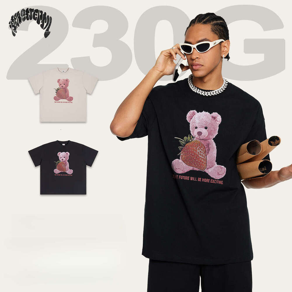 Summer 2026 Hip Hop Streetwear Washed Black T-Shirt Strawberry Bear Graphic Shirt Cotton Unisex Tshirt Men Tops Tees Vintage