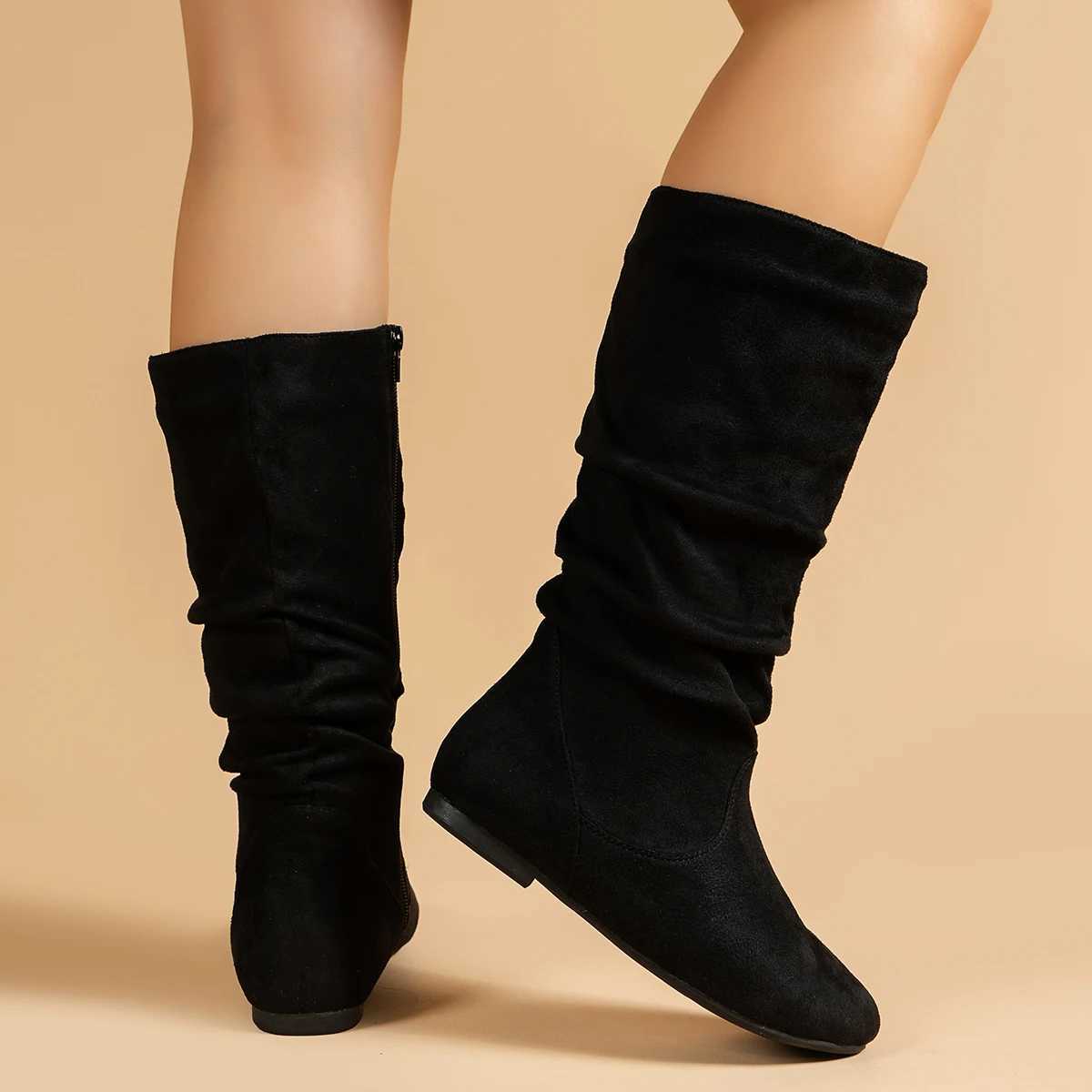 fasiPU side womens boots face Pleated ramen casual round toe flat womens ig boots solid color fasiwomens boots 260609 M260805
