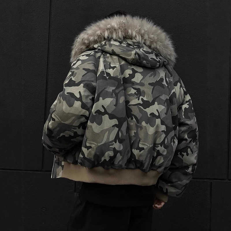 Camouflage Men Short Cotton Jacket Large Fur Collar Hooded Design Winter Thickened High Street American Style Coat Men Clothing Q260610