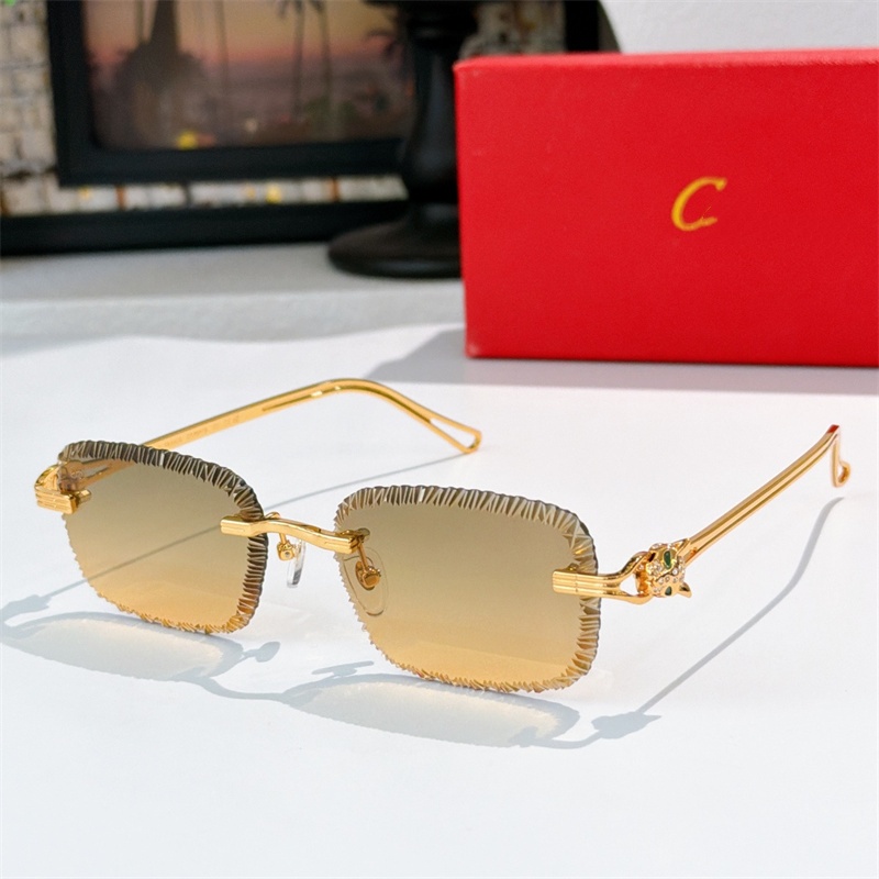Luxury Rimless Rectangle Sunglasses, Gold Leopard Motif Temples, Scalloped Edge Gradient Lens, Designer Style UV400 Shades with Gift Box