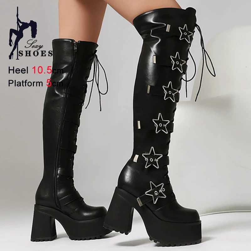 Black Womens Winter Over-te Knee Autumn ig Boots Tick eels 105cm Plaorm 5cm Star Lace Up Side Zipper Long Boots 260609 M260805