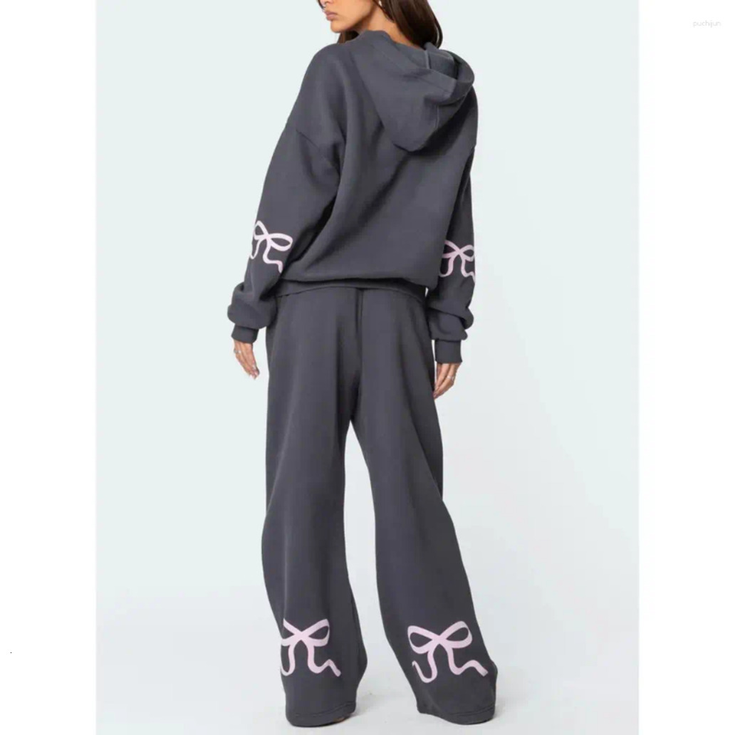Two Piece Set Woman Women's Two Piece Pants 2Piece Loose Fit Outfits match set Set Bow Print Long Sleeve Hooded Pullover Sweatshirts Elastic Wa