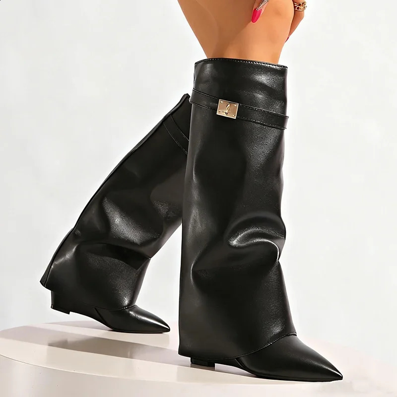 Black Pu Leather Knee High Boots Women Sexy Pointed Toe Straight Leg Boots Woman Punk Style Wedge High Heels Long Botas Mujer 260610