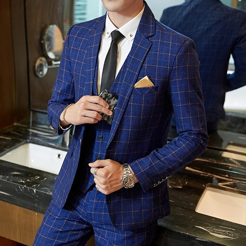 Wedding suit men Slim Fit Plaid Suit 3pc set Male Groom Blazers Pants Man Formal Business Work Wear Dress Suits Asian size 260609BJ