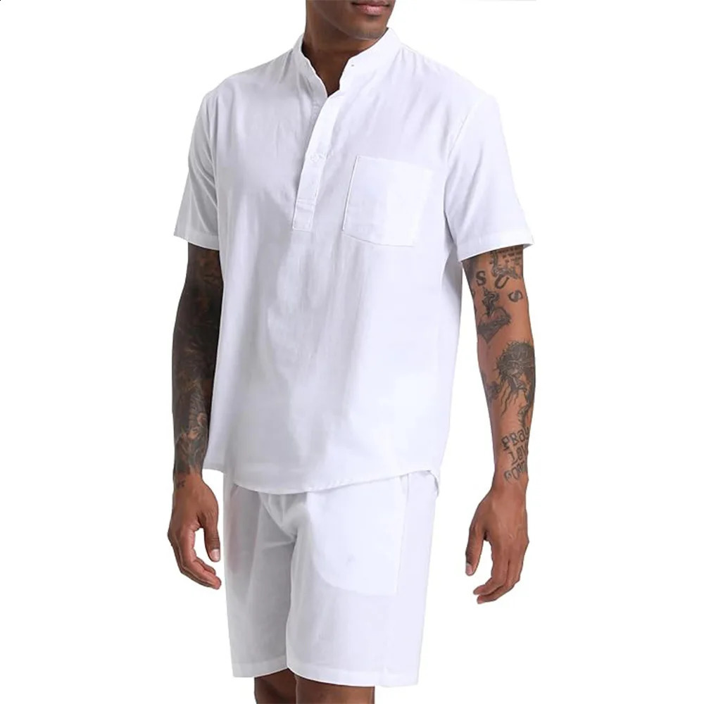 Mens Cotton Linen Set Henley Shirts Shorts Outfits 2 Pieces Beach Clothes Vacation Matching Suit Summer Wear Shirt Sleeve 260610BJ