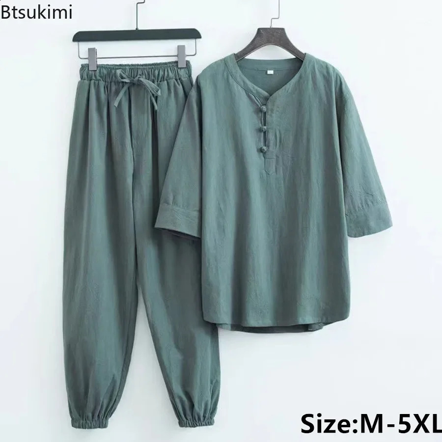 Mens Cotton Linen Sets Chinese Style Solid Short Sleeve Pants Two Pieces Traditional Clothes Kung Fu Uniform Tang Suit Male 260610BJ