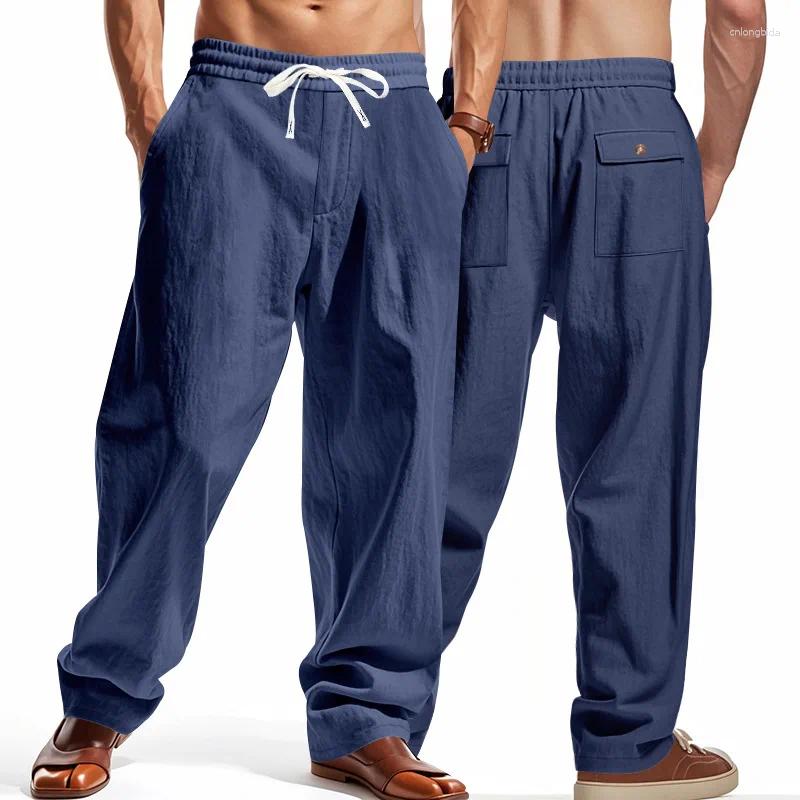 Men's Pants 2026 Men Cotton Linen Summer And Autumn Solid High Waist Wide-Leg Trousers Male Loose Casual Breathable Sports-image-1109849996