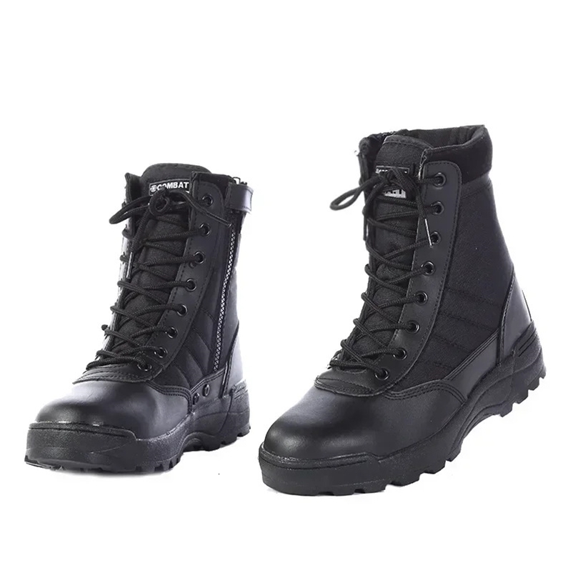 Mens Outdoor High-top Leather Boots Tactical Military Boots Black Thick-soled Shoes Lightweight and Wear-resistant Hiking Shoes 260609