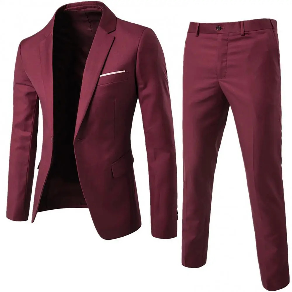 Wedding Set Vintage Men Solid Color Long Sleeve Lapel Slim Button Business Suit Mens Suit Groomsmen Regular Fit 2 Peice Set 260609BJ