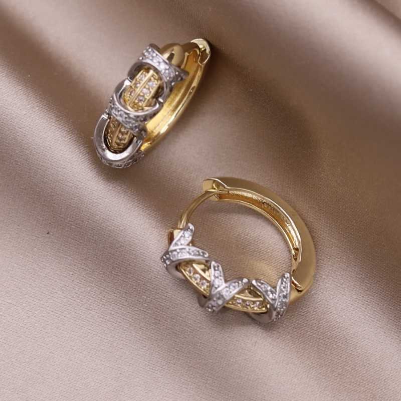 2025 Korean new design fashion jewelry two-color plated simple zircon cross earrings elegant womens daily work accessories Q260610
