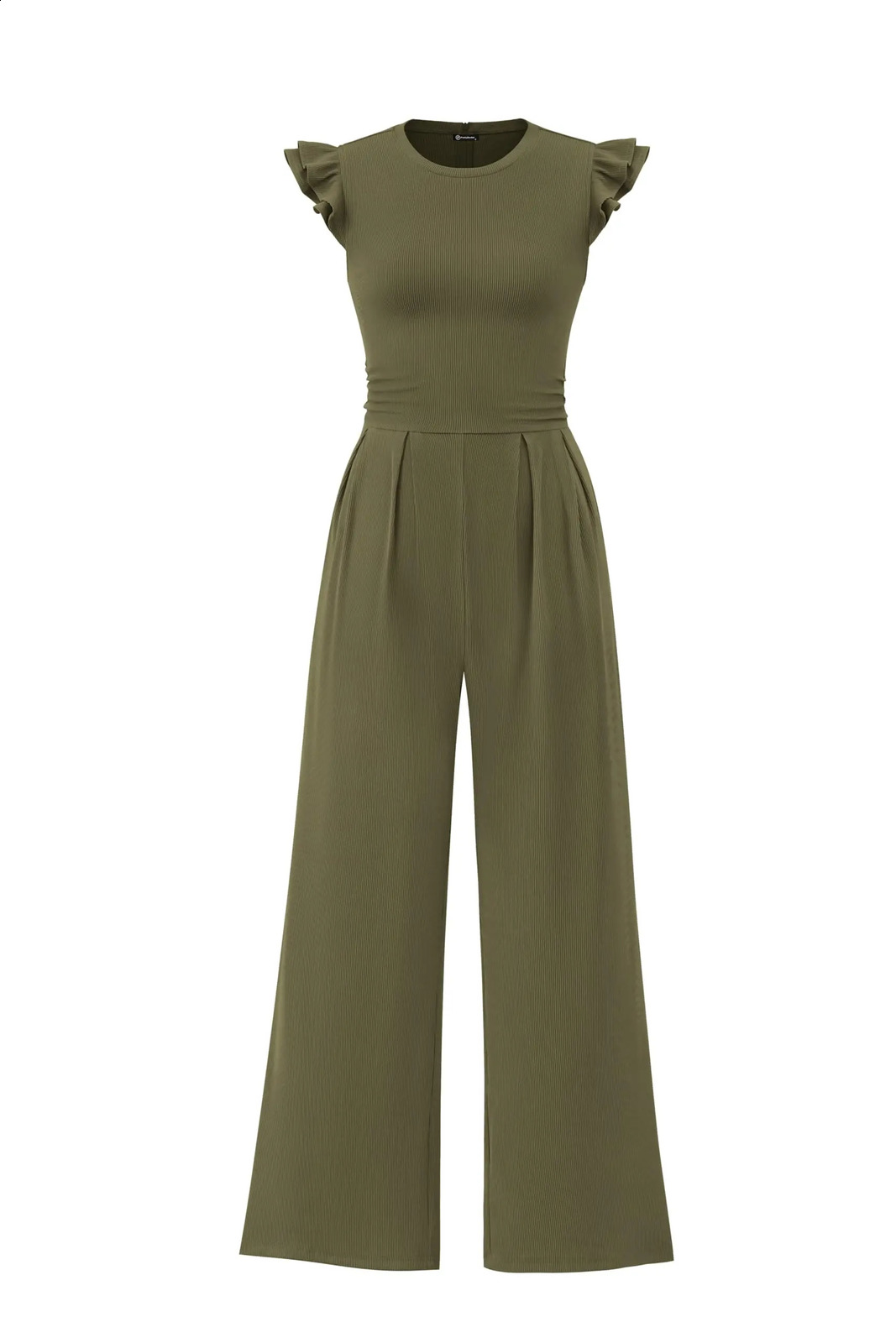 SpringSummer 2026 Collection Womens Round Neck Sleeveless Ruffled Trim Fitted Waist and LegSculpting Jumpsuit 260609