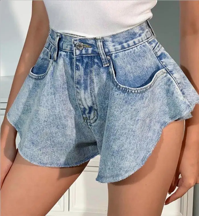 Women Short Denim Pant Jeans Vintage Washed Ruffled High Waist Straight Trousers Y2k Streetwear Elegant Splice Work Beach 2026 260604