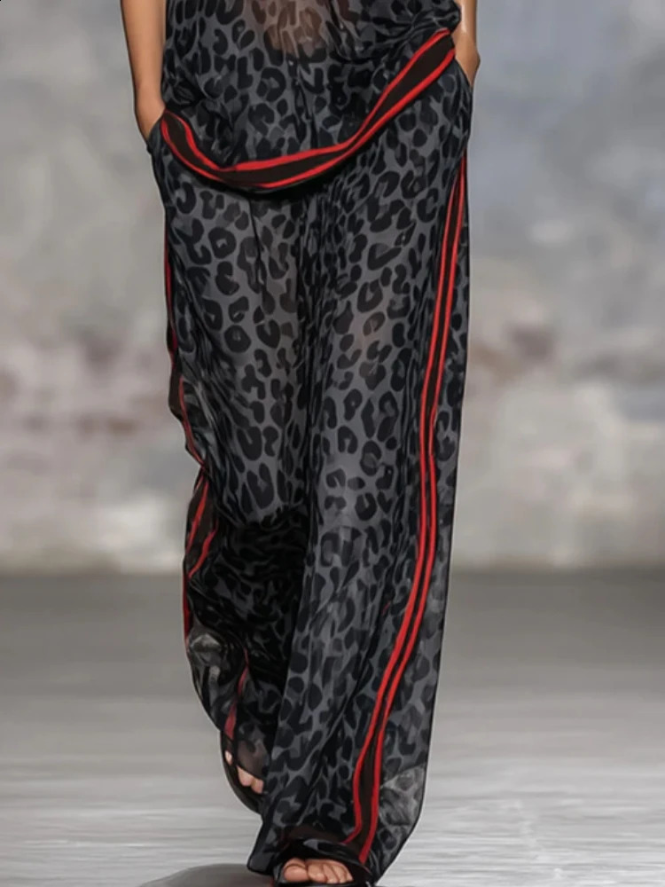 Summer Casual Outfits Female Leopard Print Stripe Contrast Color Two Piece Set for Women Short Sleeve Top Wide Leg Pants 260610BJ