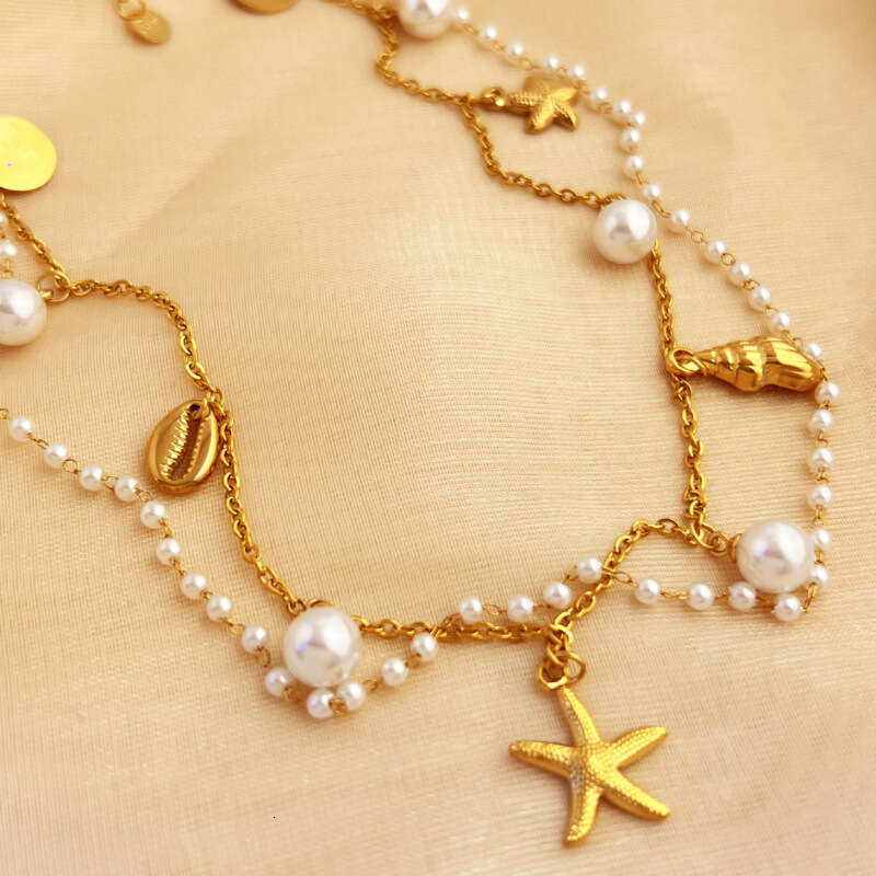 Pearl Star Necklace Versatile Marine Themed Jewelry Plated With 18K Gold Stainless Steel For Women Daily Vacation Wear