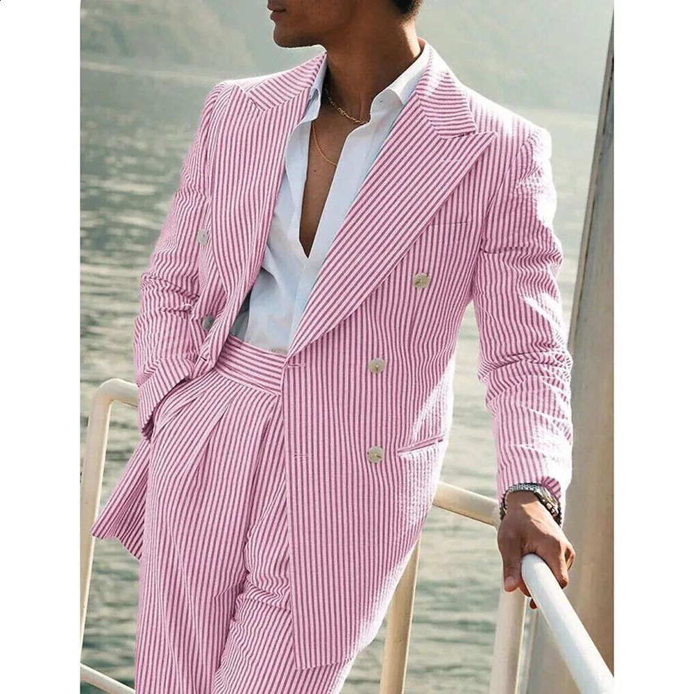 Light Pink Vertical Stripes Suits for Men Two-piece Set Summer Comfortable Linen Cotton Fabric Mens Suit for Casual Beach Party 260610BJ
