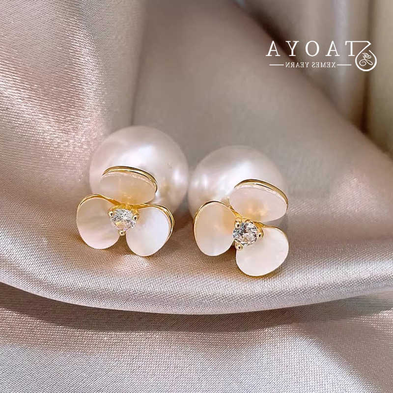 French Luxury Shell Flower Back Hanging Round Pearl Stud Earrings 2024 Fashion Jewelry For Womens Exquisite Ear Accessories Q260610