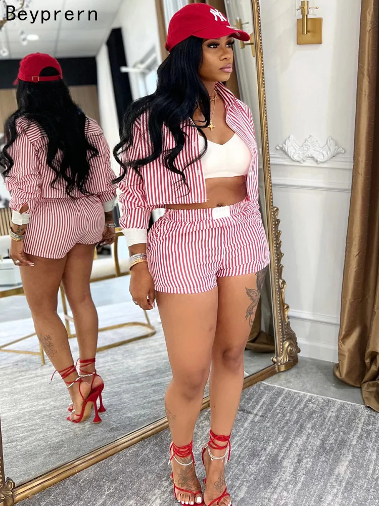 Beyprern Womens Red Striped Blouse Shirt Top And Matching Shorts Set Summer Tracksuits Set 2 Piece Outfits Workout Overalls 260610BJ