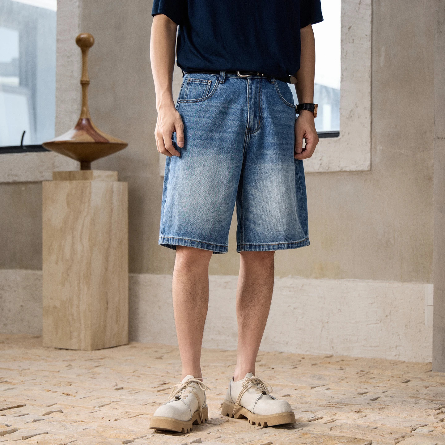 Men Clanfit Fashion Vintage Washed Cotton Denim Loose Casual Wide Leg Shorts Jeans Man Streetwear Straight Short Pants 260604