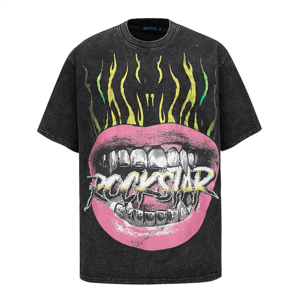 Summer Washed Big Mouth Flame Print Short Sleeve T-shirt for Men and Women Vintage Cotton Loose Tees Round Neck Baggy Tops 260610