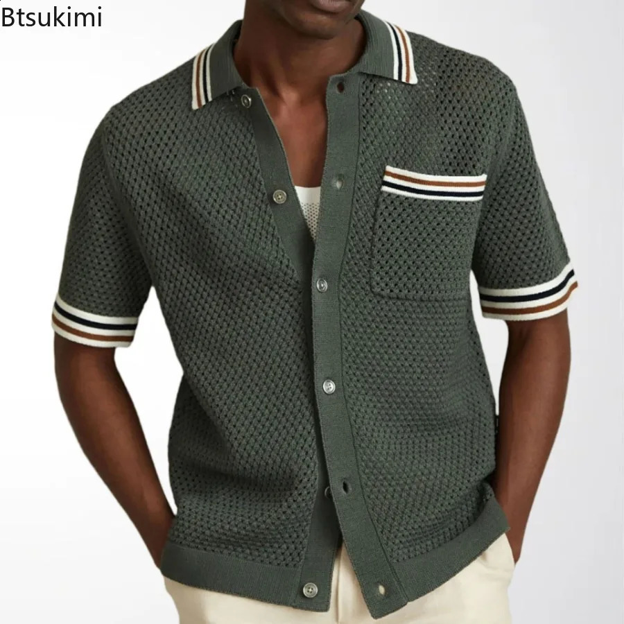 Fashion Mens Hollow Out Polo Shirts Knitted Pocket Short Sleeve Cardigan Tops Vintage Casual Streetwear 2026 Summer 260609