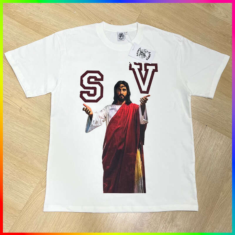 Designer T-shirt Fashion Short Vintage Washed Jesus Print T-shirt Oversized Heavy Cotton Casual Streetwear Tee