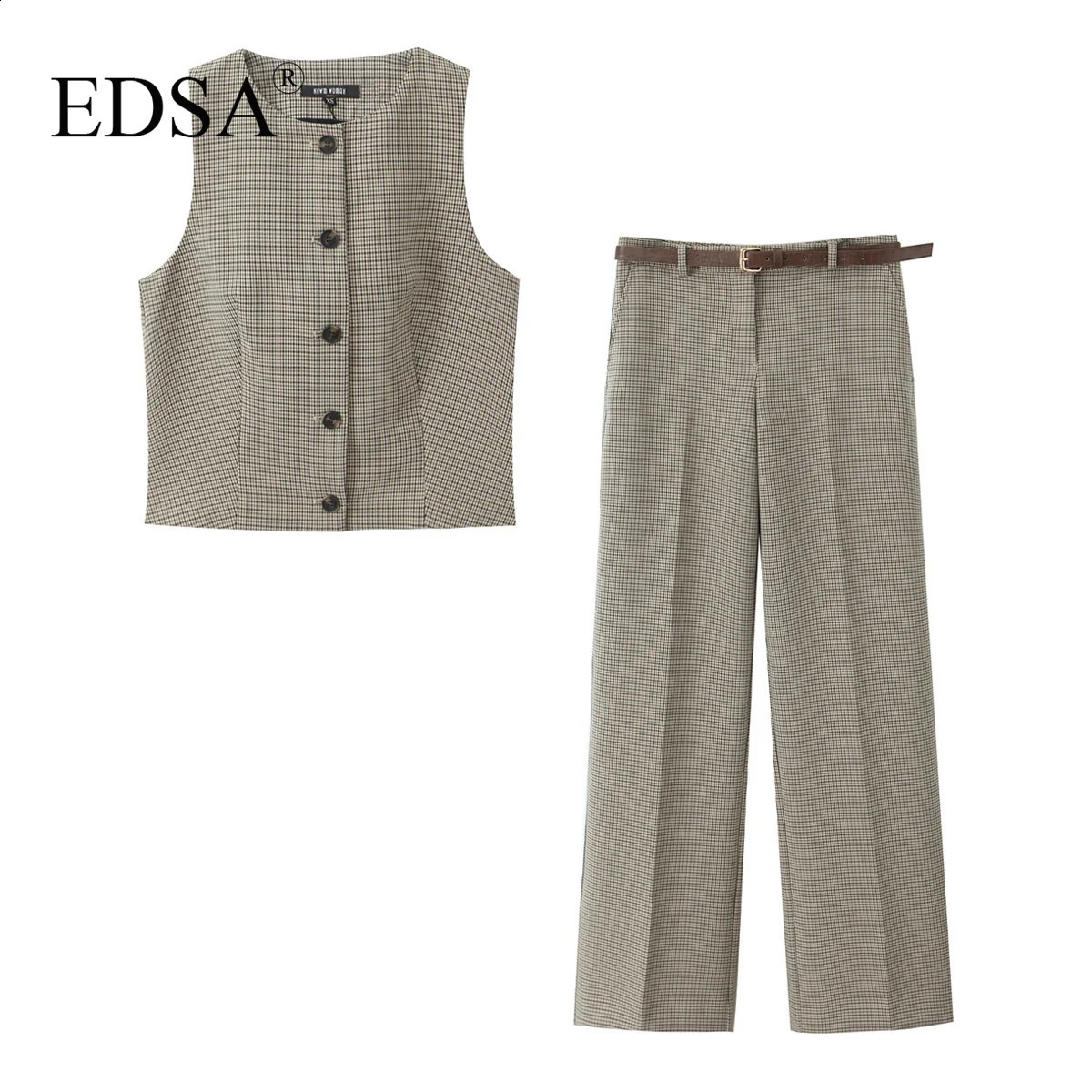 EDSA Women Grey Plaid 2 Pcs Pant Set for Office Lady Single Breasted Tank Top High Waist Long Trousers with Belt Suits 260609