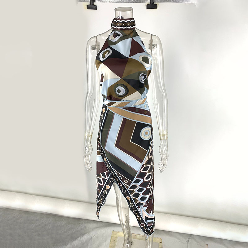 Color Blocked Halter Top Split Skirt Outfits For Women Vacation Beach Sexy Open Back Vest Designer Boho Style Printed Dress