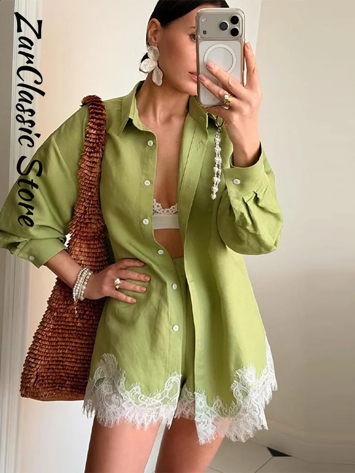 Summer Lace Patchwork Striped Shorts Sets Lapel Full Sleeve Shirt Wide Leg Shorts 2 Piece Set 2026 Casual Womens Suit 260610BJ